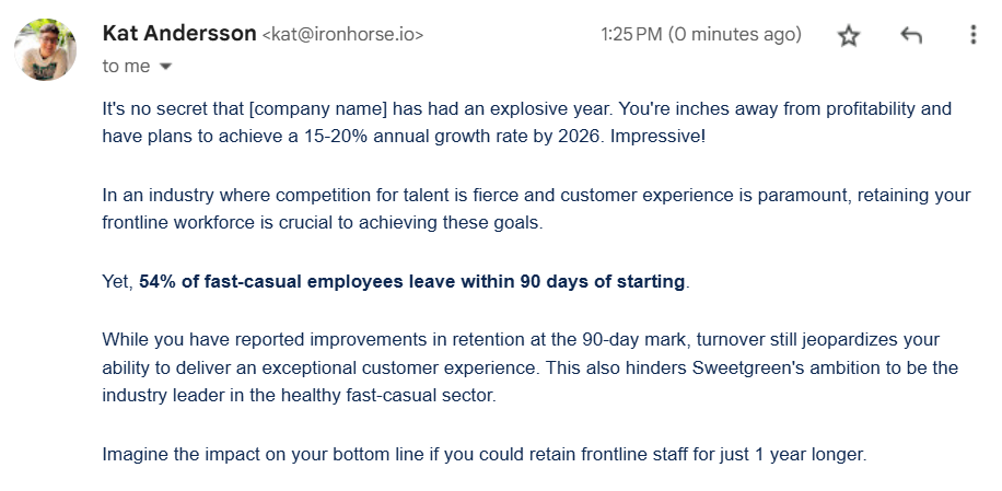 Beginning of a sales email that reads: It