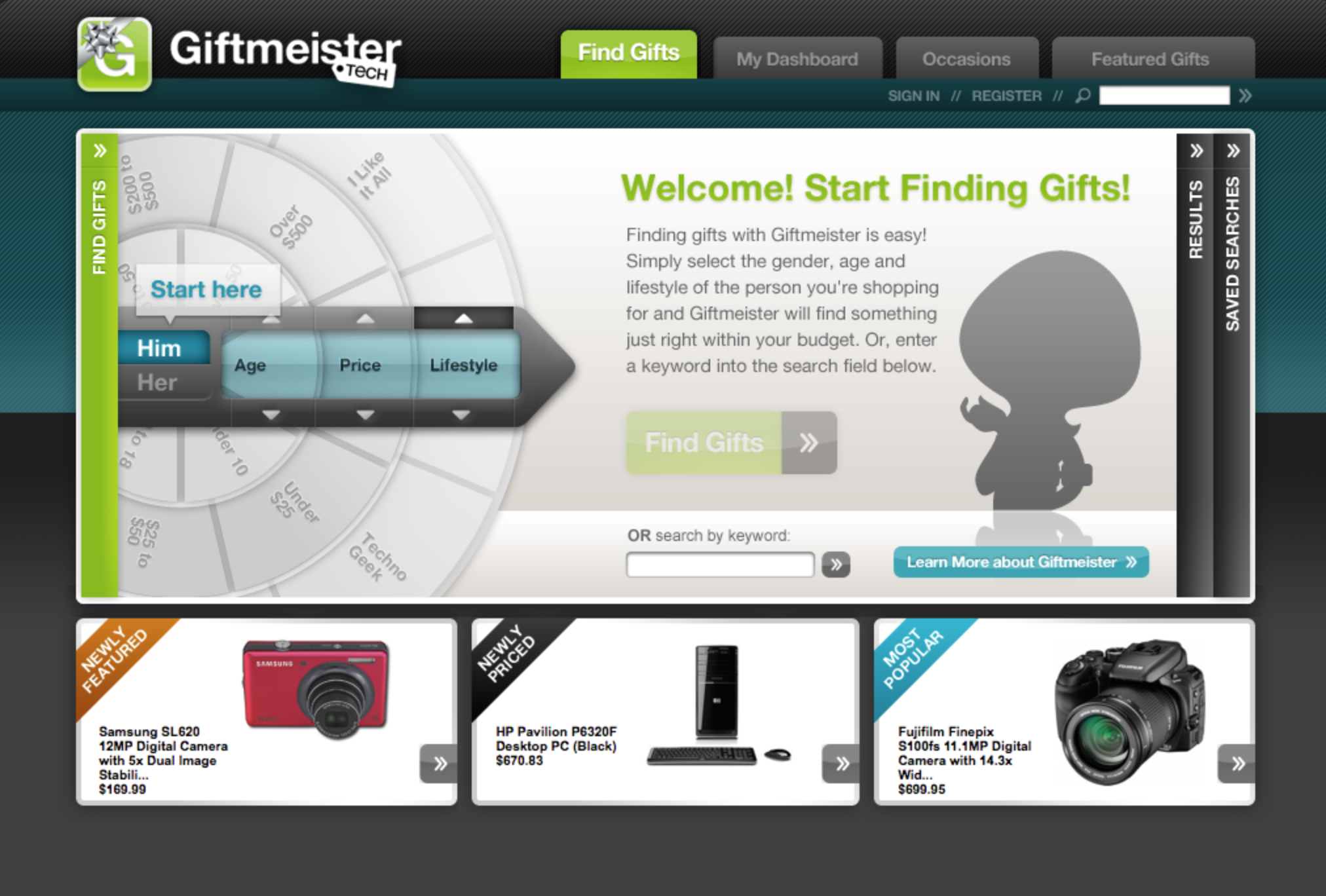 A screenshot of an early Iron Horse-created website called “Giftmeister” where visitors could enter the gender, age and lifestyle of a gift recipient to receive product recommendations.