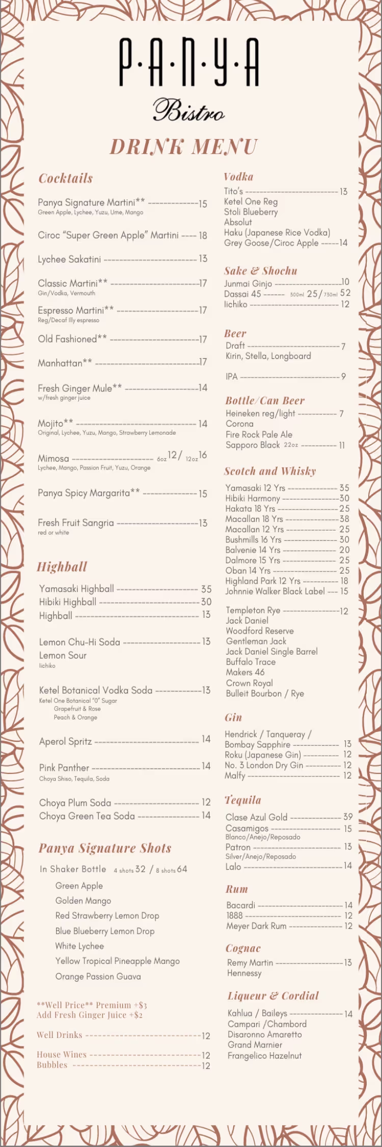 Panya Bistro's Bar Menu, page 1