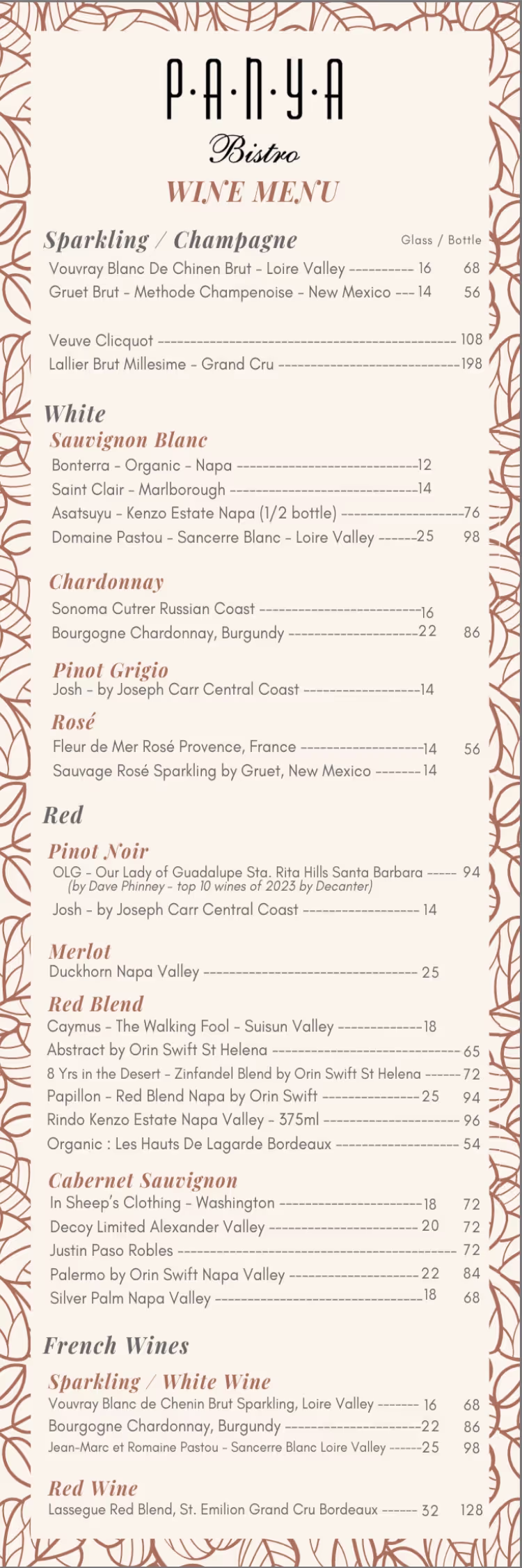 Panya Bistro's Bar Menu, page 2