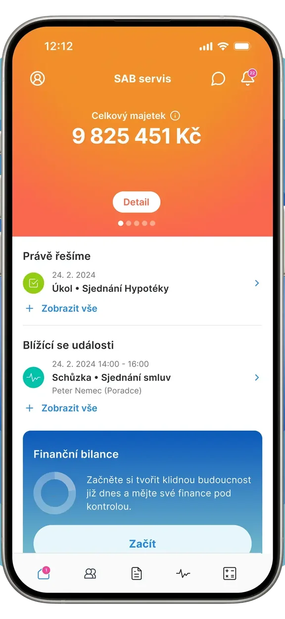 Aplikace myPLANN – celková hodnota majetku na úvodní obrazovce