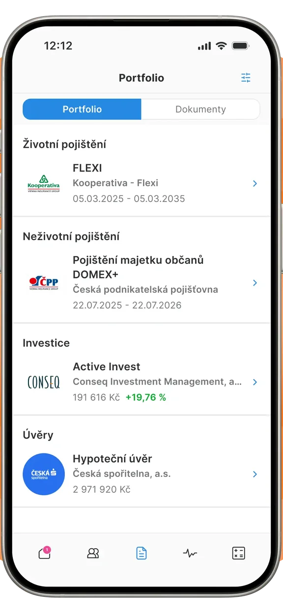 Aplikace myPLANN – přehled smluv podle kategorií