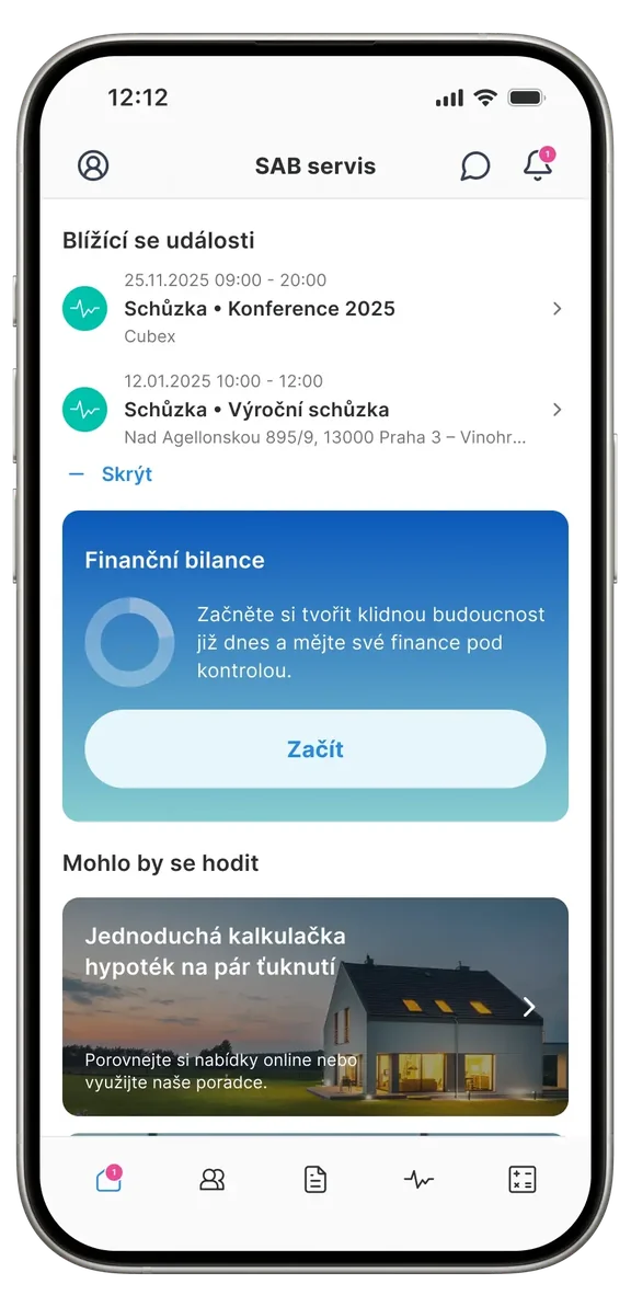 Aplikace myPLANN – blížící se schůzky na úvodní obrazovce