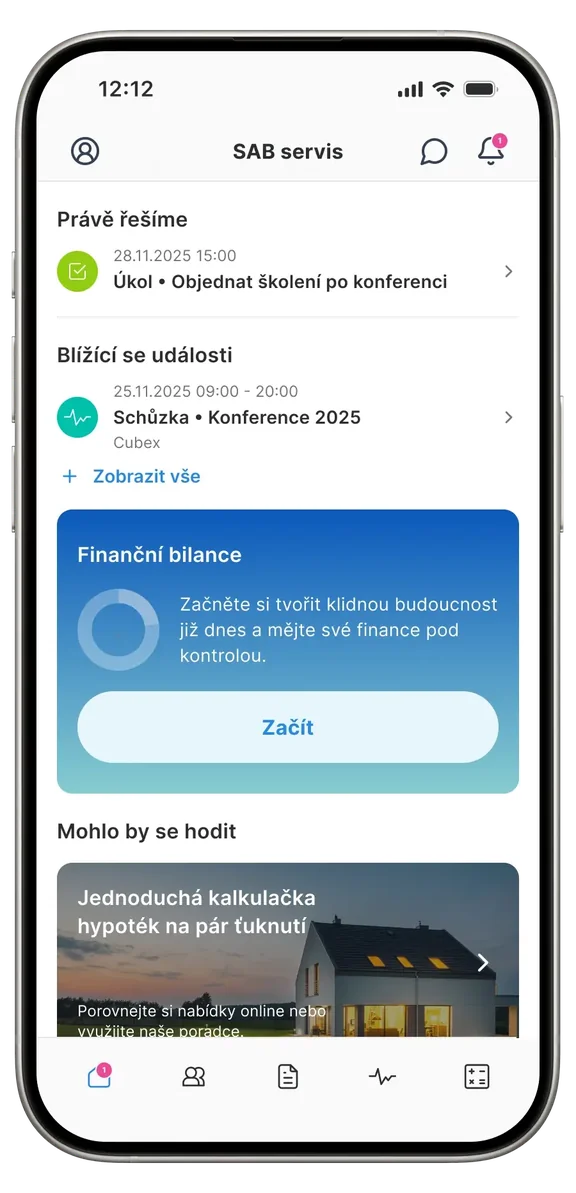 Aplikace myPLANN – úvodní obrazovka s finanční bilancí