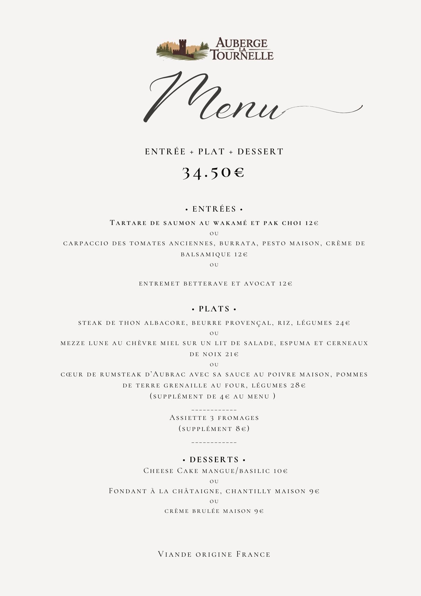 Menu de la semaine – Auberge La Tournelle
