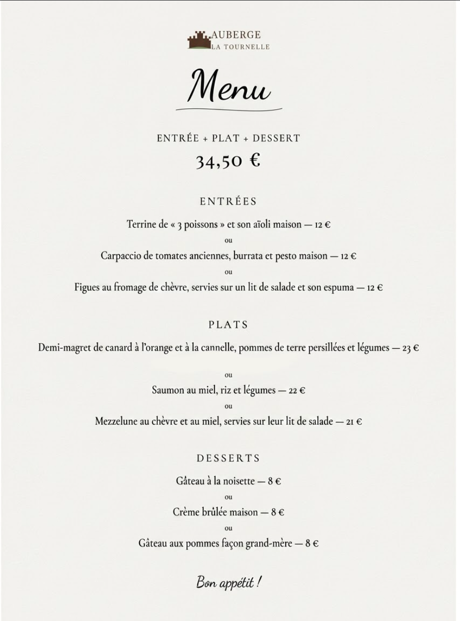 Menu de la semaine – Auberge La Tournelle