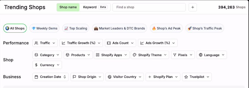 Trending Shops Filter Ui