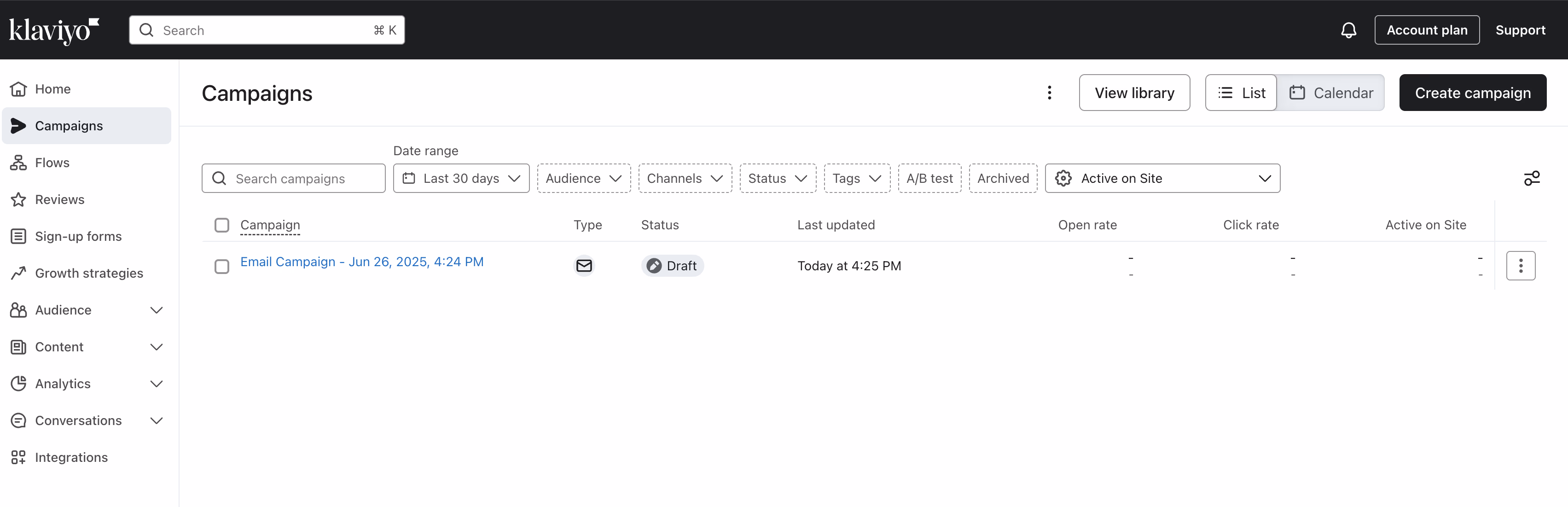 Klaviyo Campaigns Dashboard View
