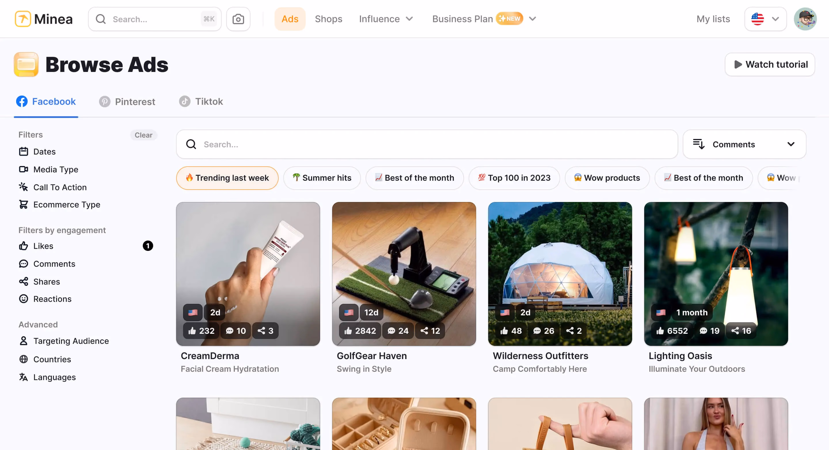ads browse interface minea