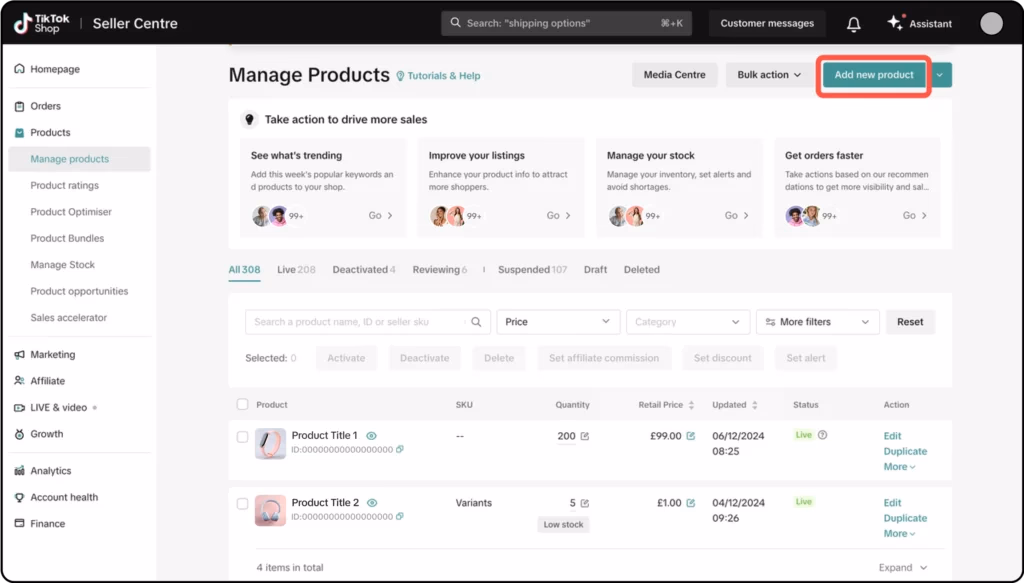 tiktok seller centre products