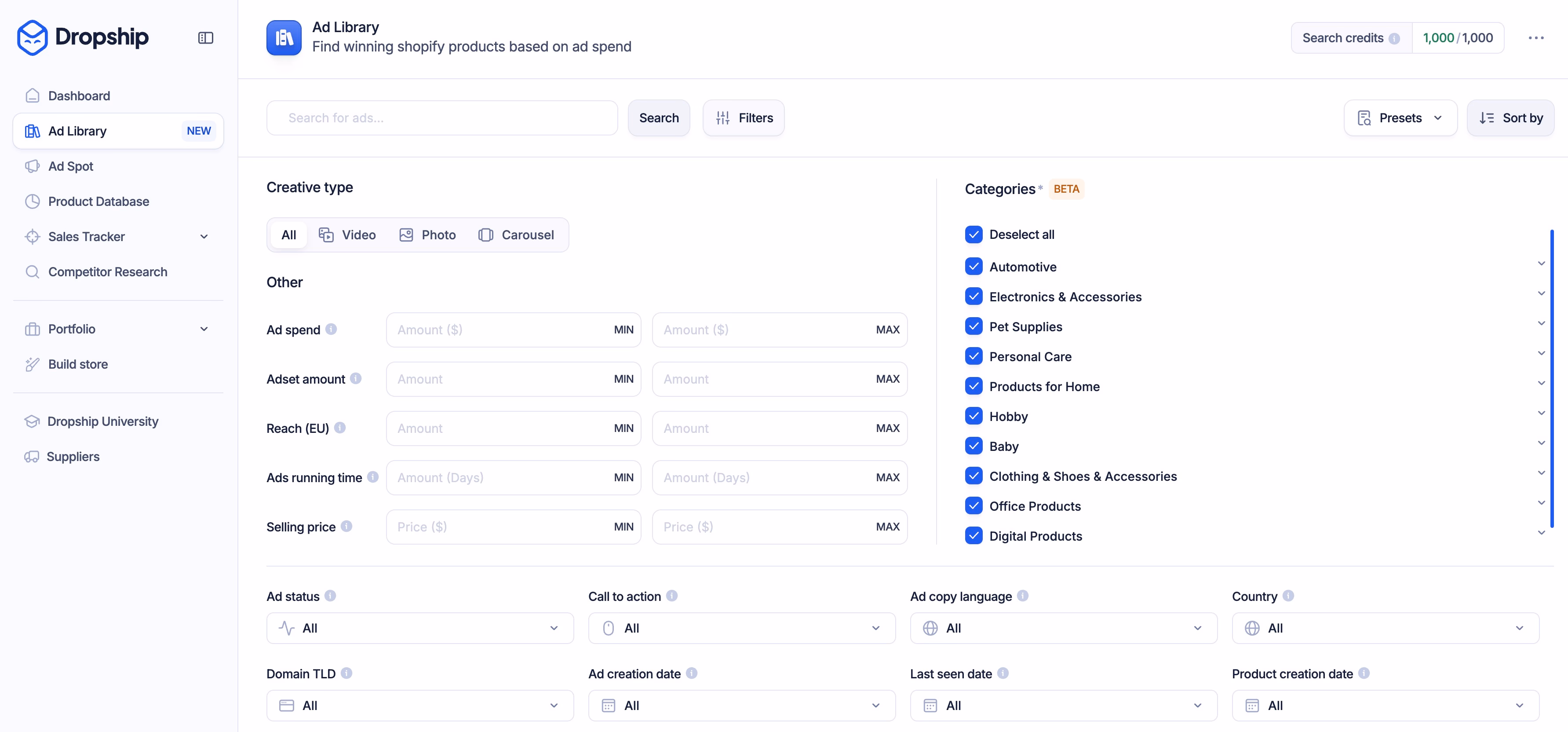 dropship ad library ui