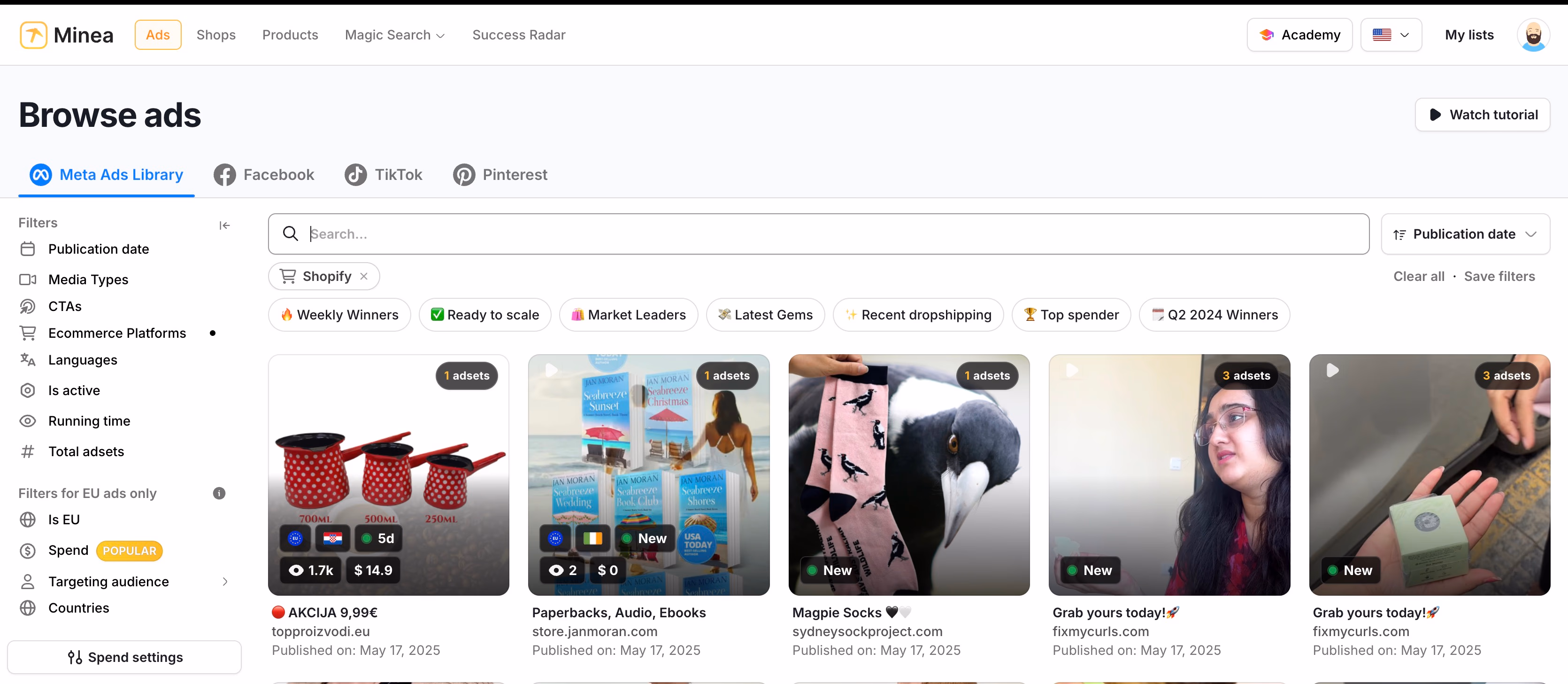ads library interface minea