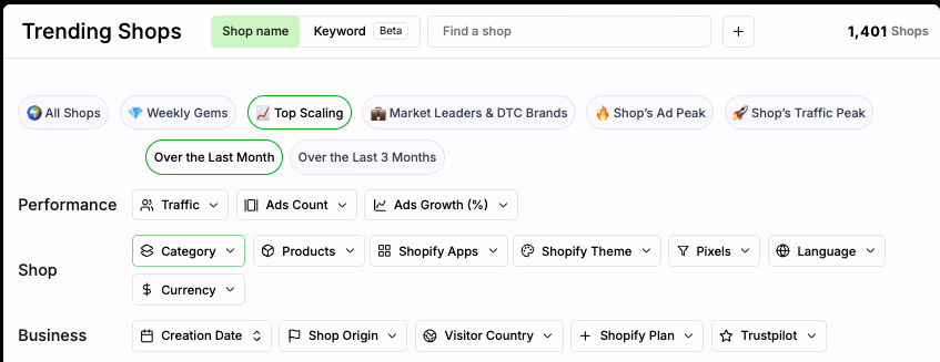 Trending Shops Filter Options