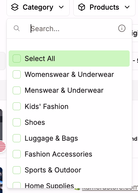 Category Filter Options List