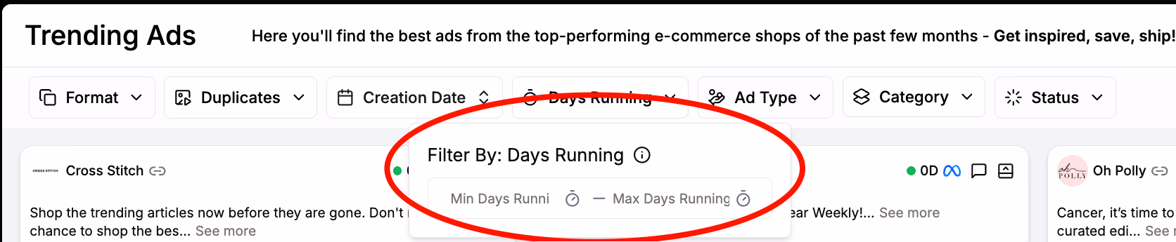 Days Running Filter Popup