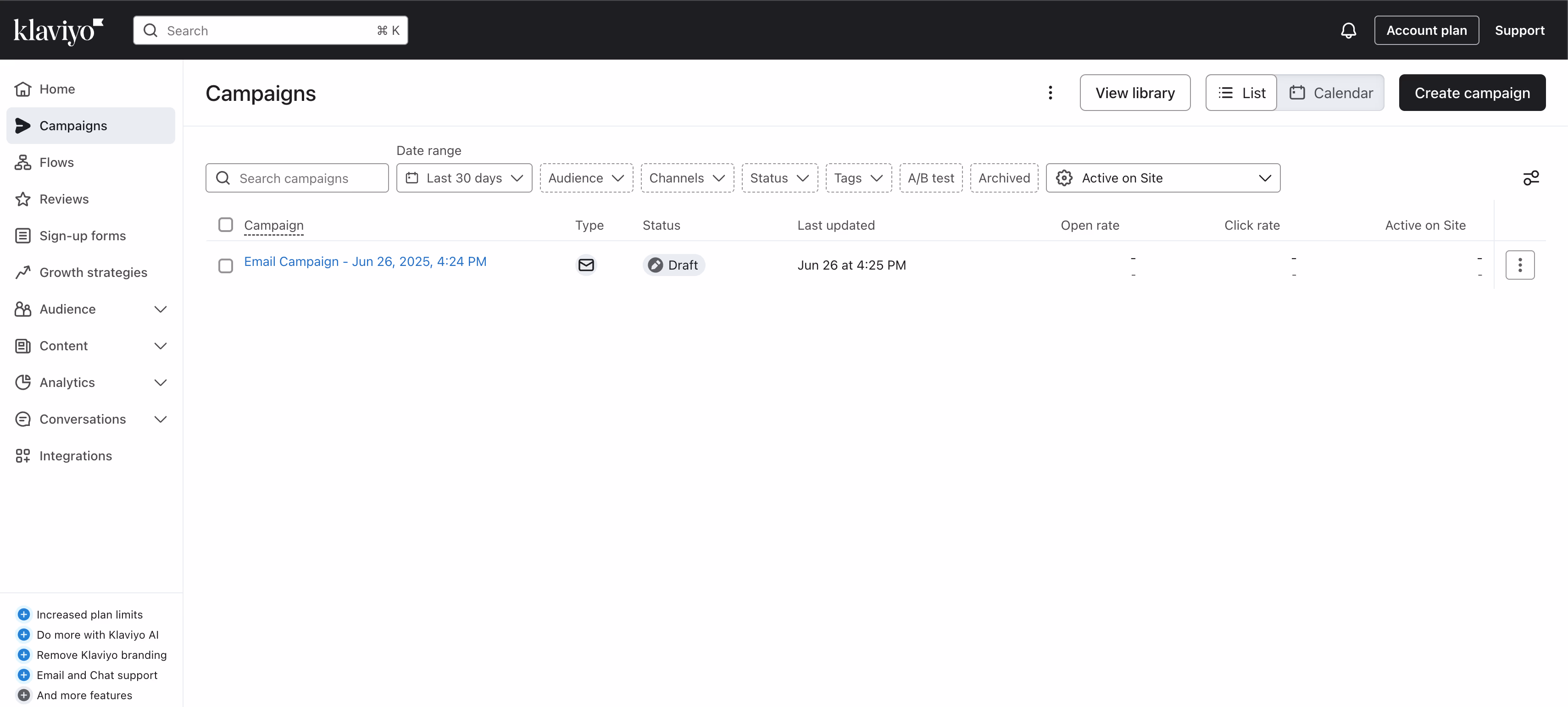 Klaviyo Campaigns Dashboard View