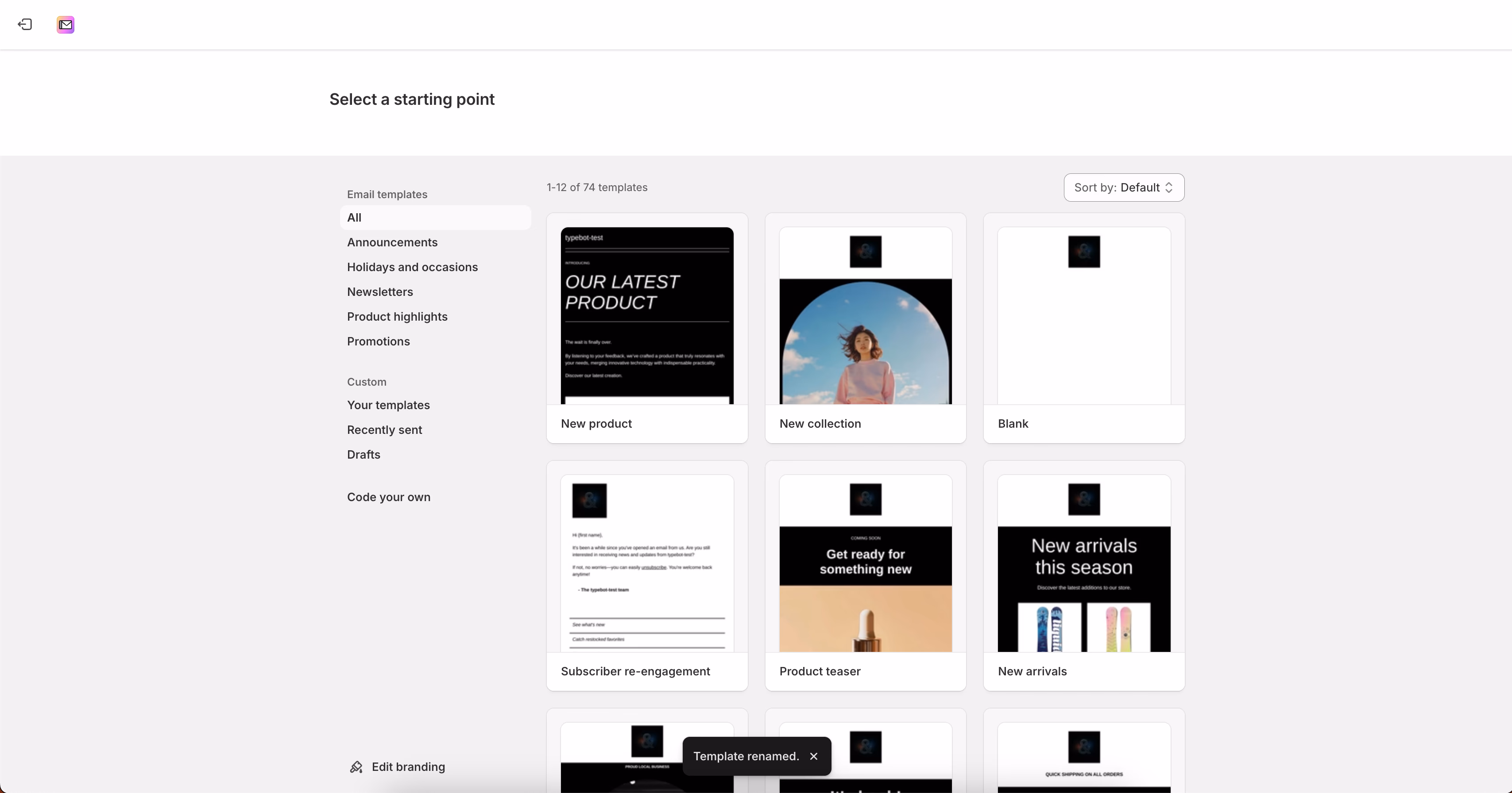 Email Template Selection Screen