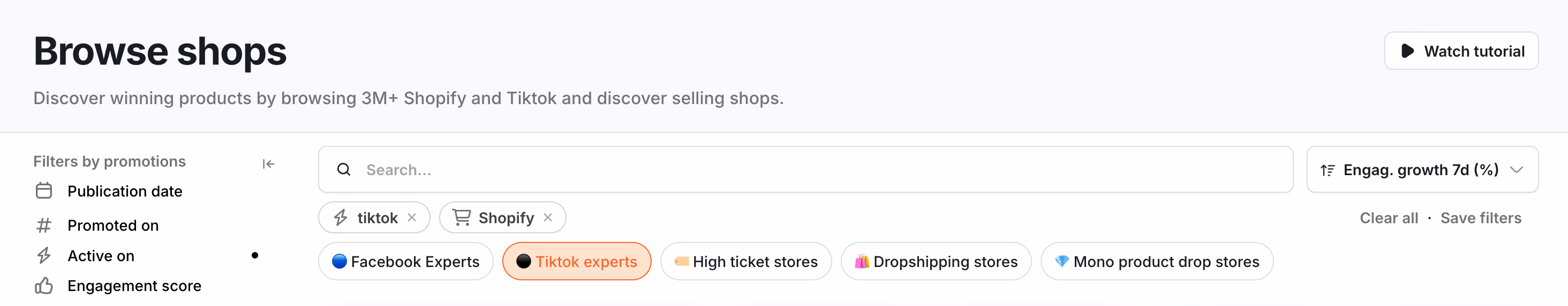 Browse Shops Filter Options