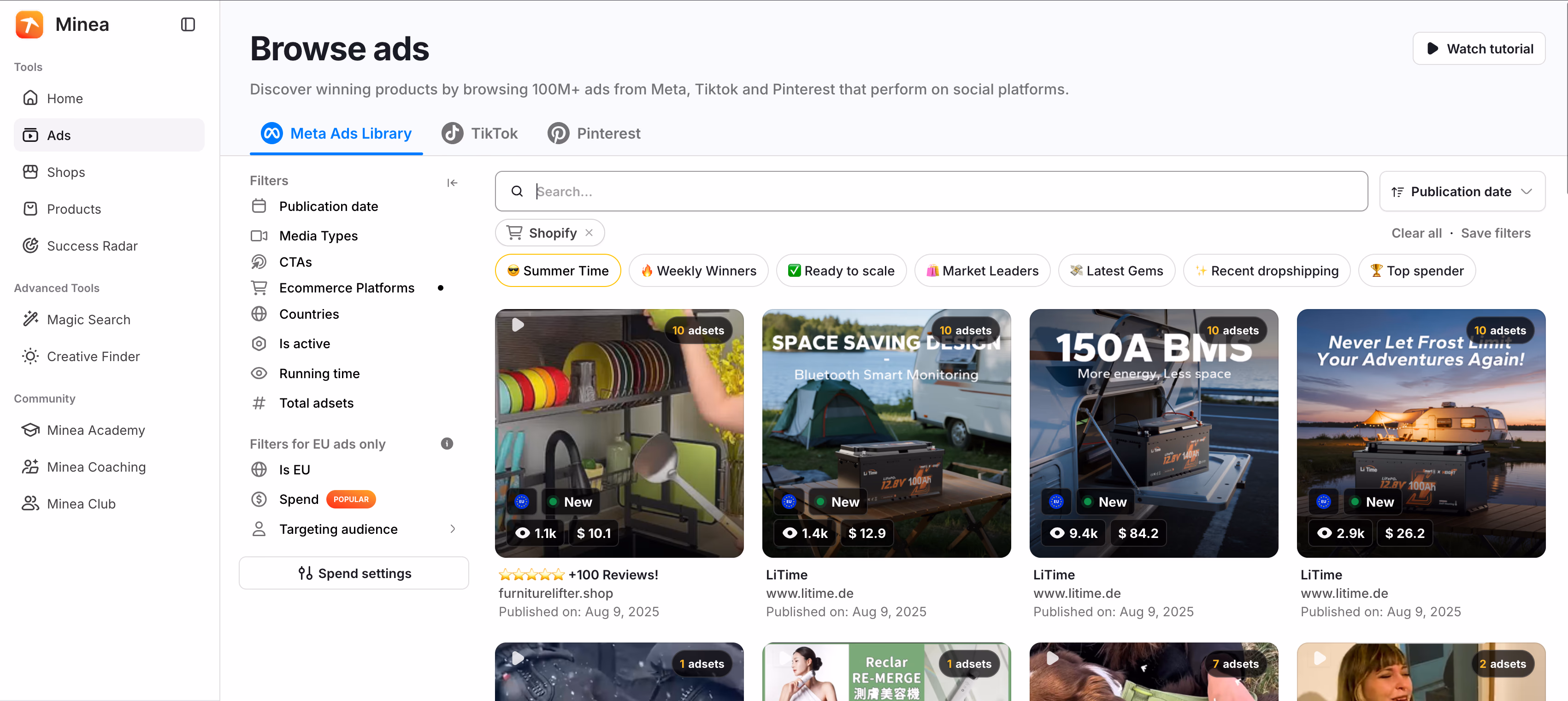 Minea Ads Browse Interface
