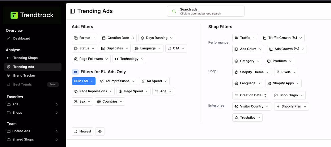 Trending Ads Filters View