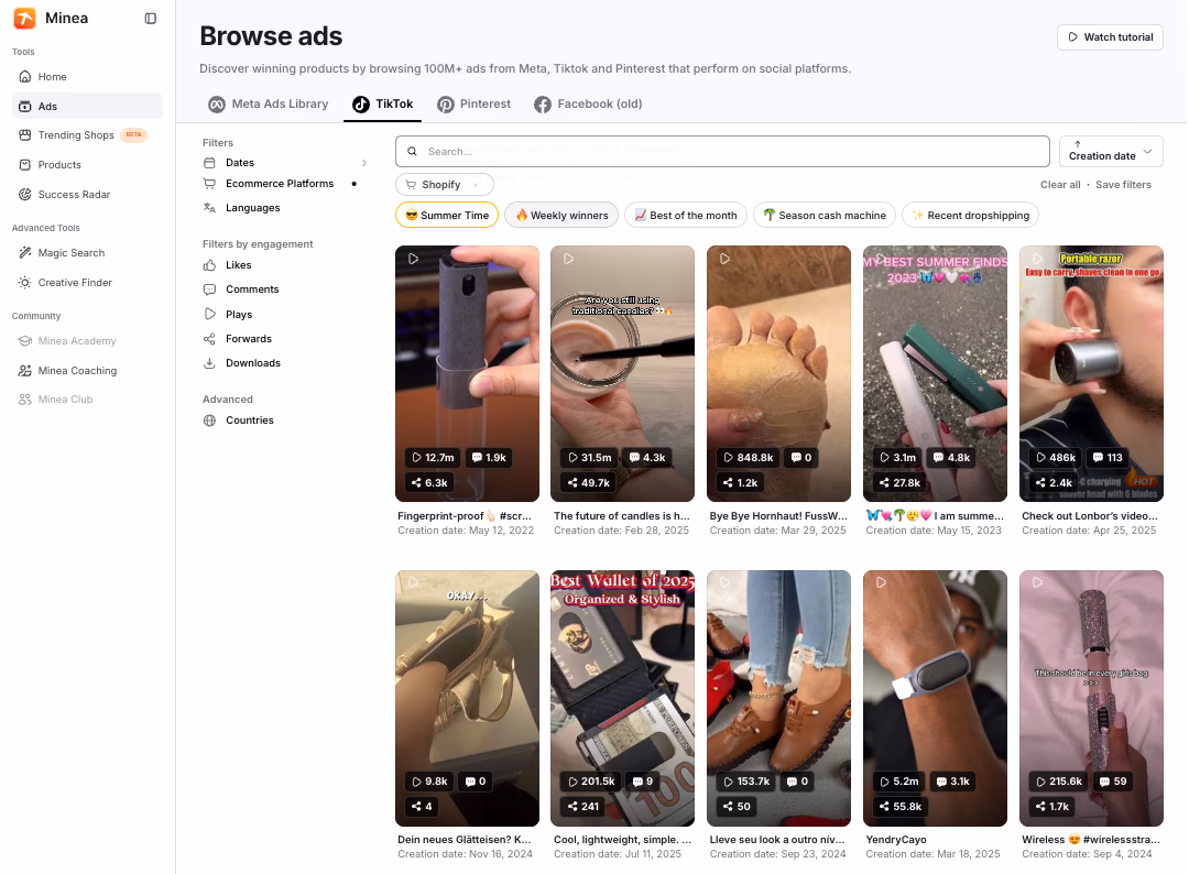 Minea Ads Browse Screen
