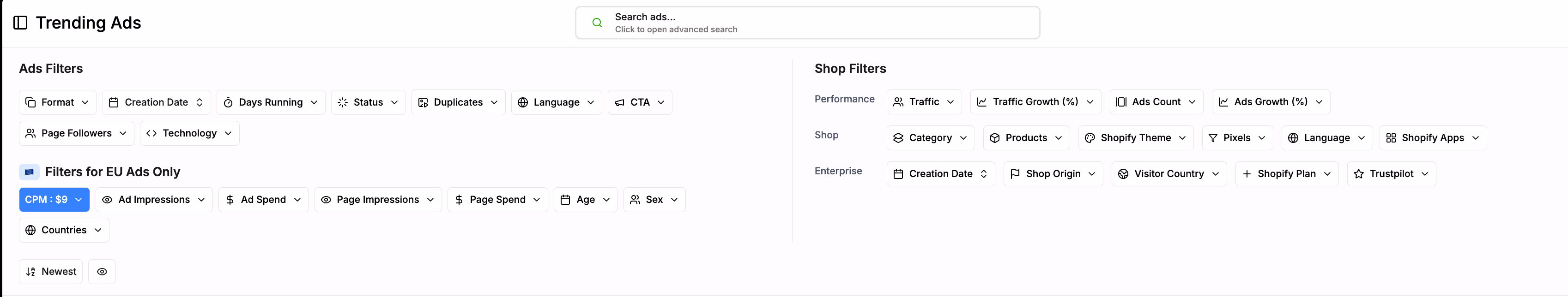 Ads Filter Options View