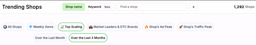 Trending Shops Search Filters