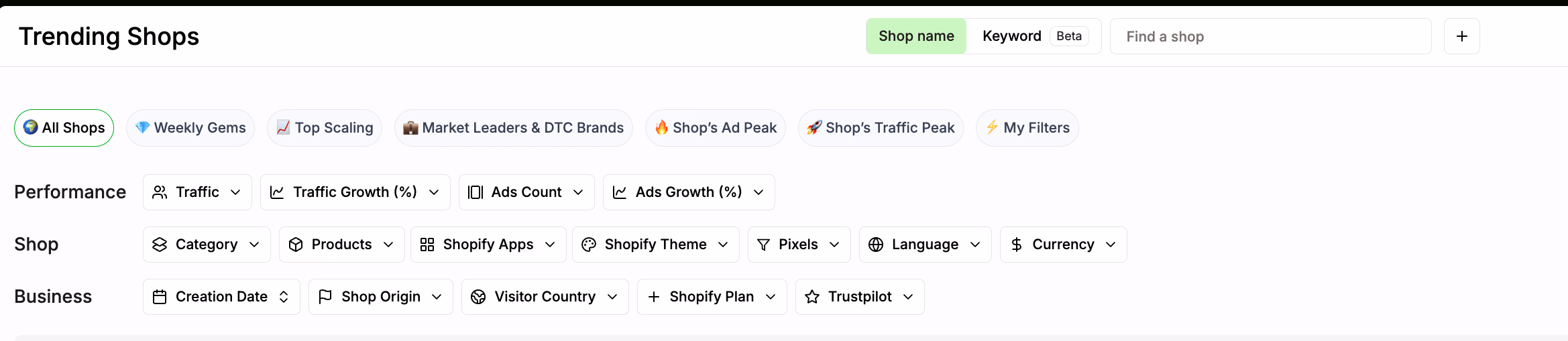 Trending Shops Filters Panel