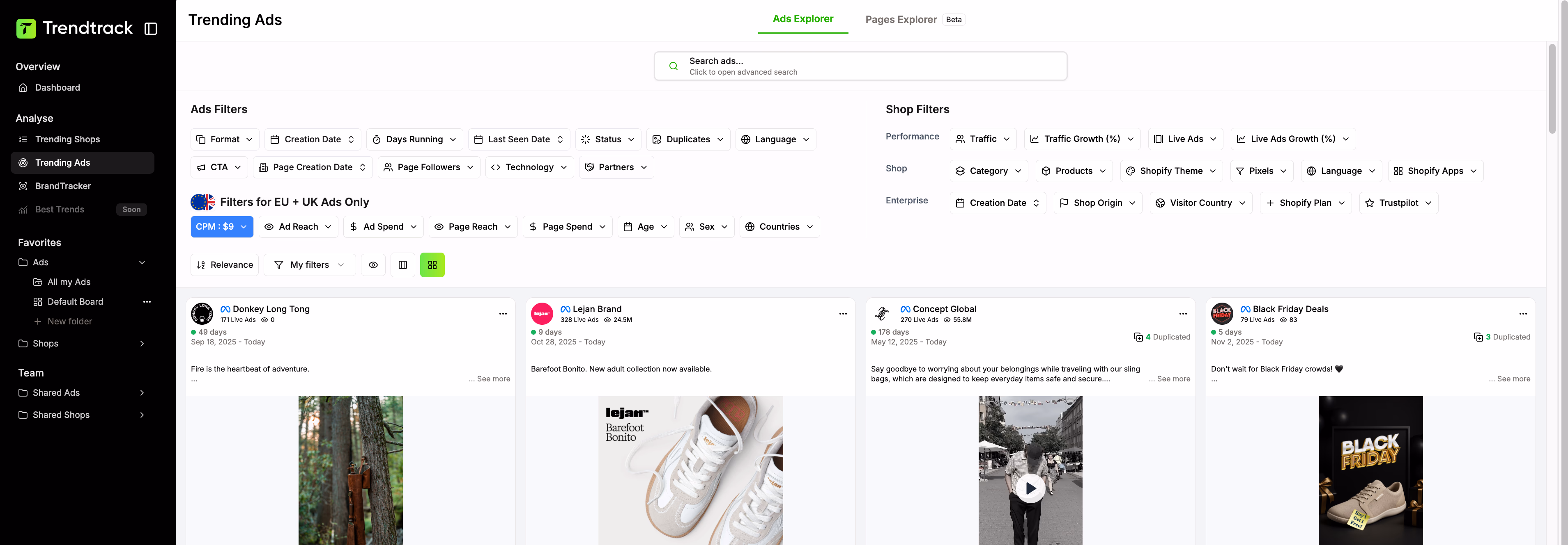 Trendtrack Ads Explorer Interface