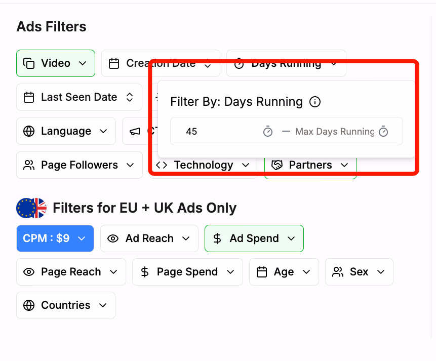 Days Running Filter Popup