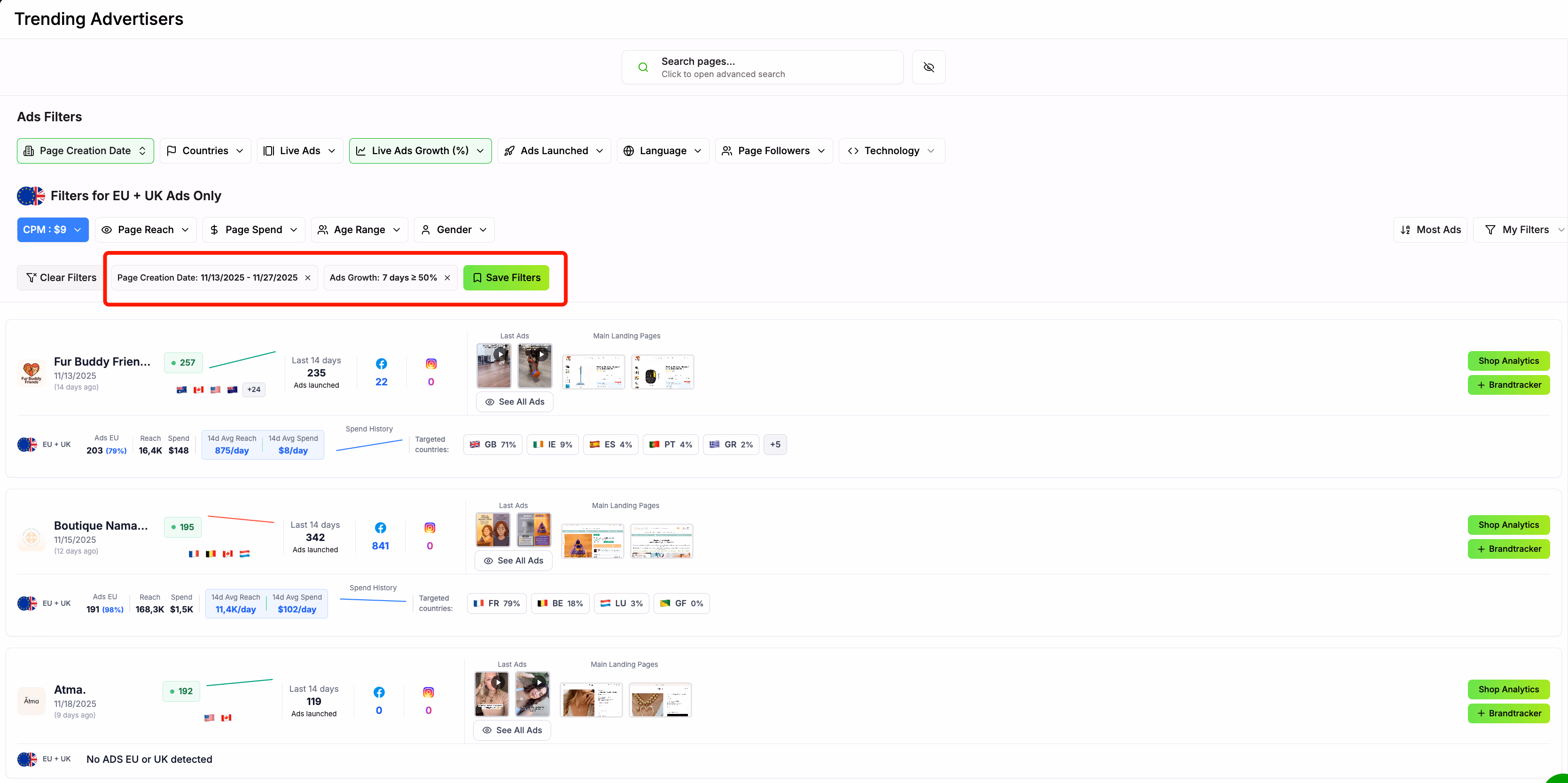 Ads Filters Trending Advertisers
