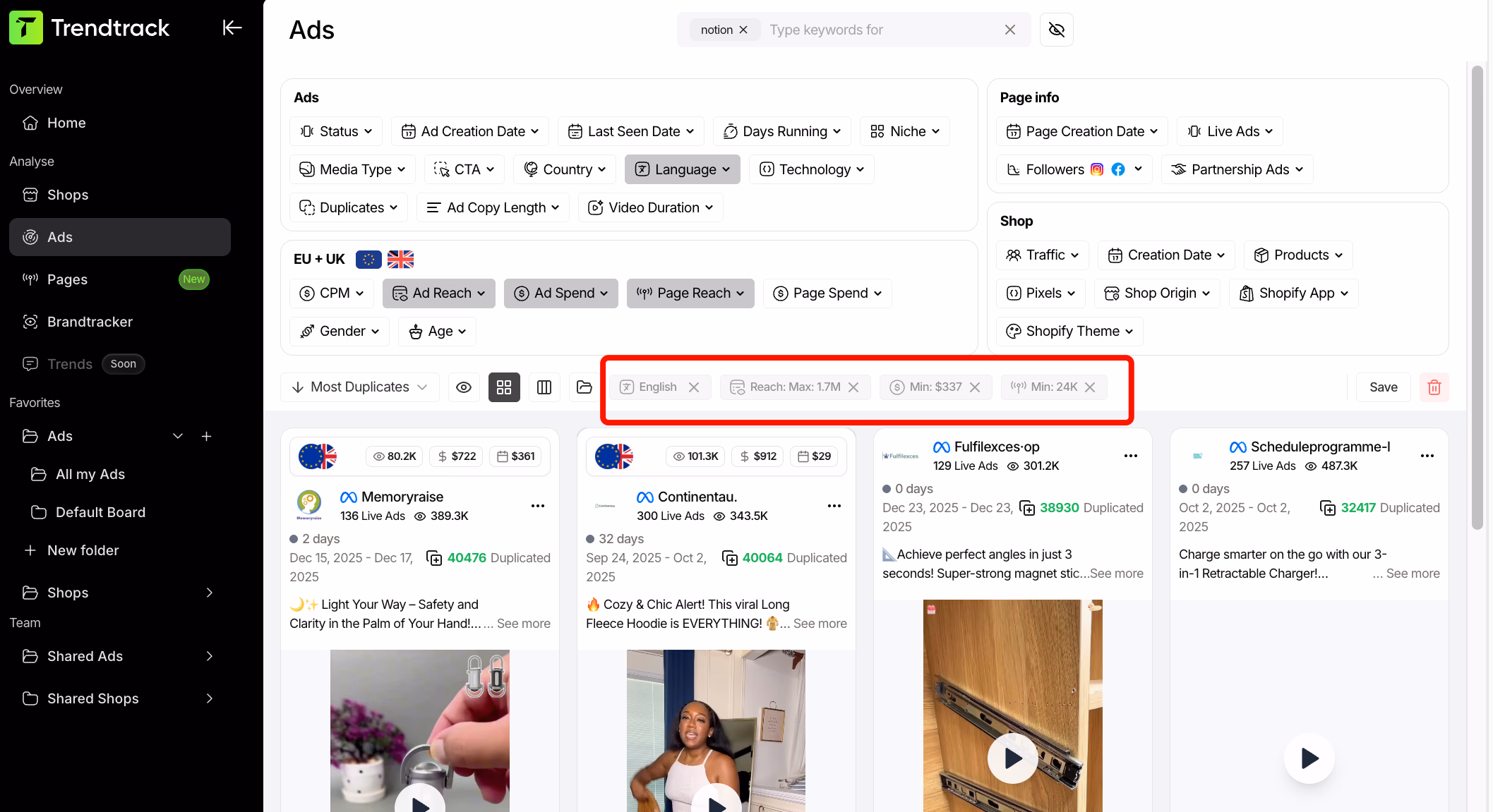 trendtrack ads dashboard filters