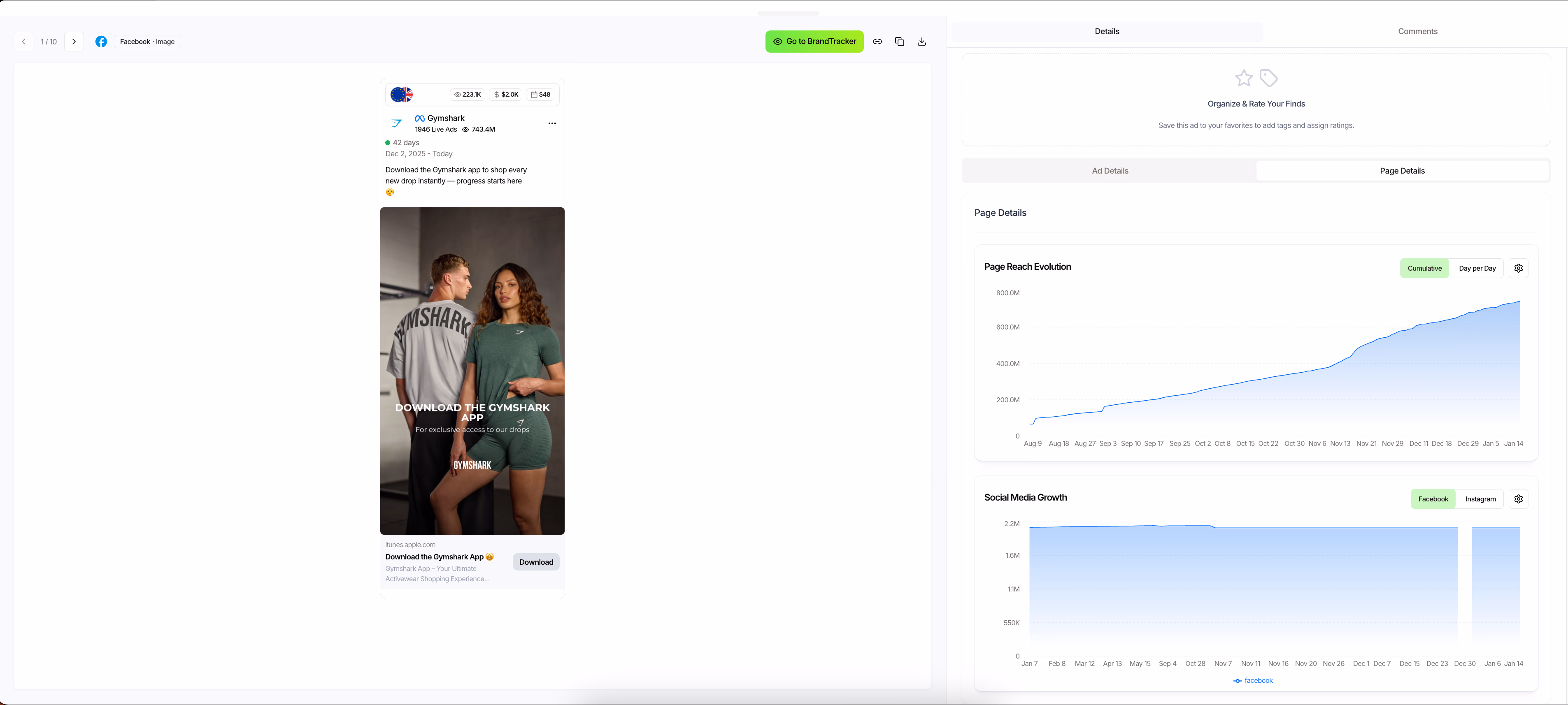 interface showing clothing ad and data