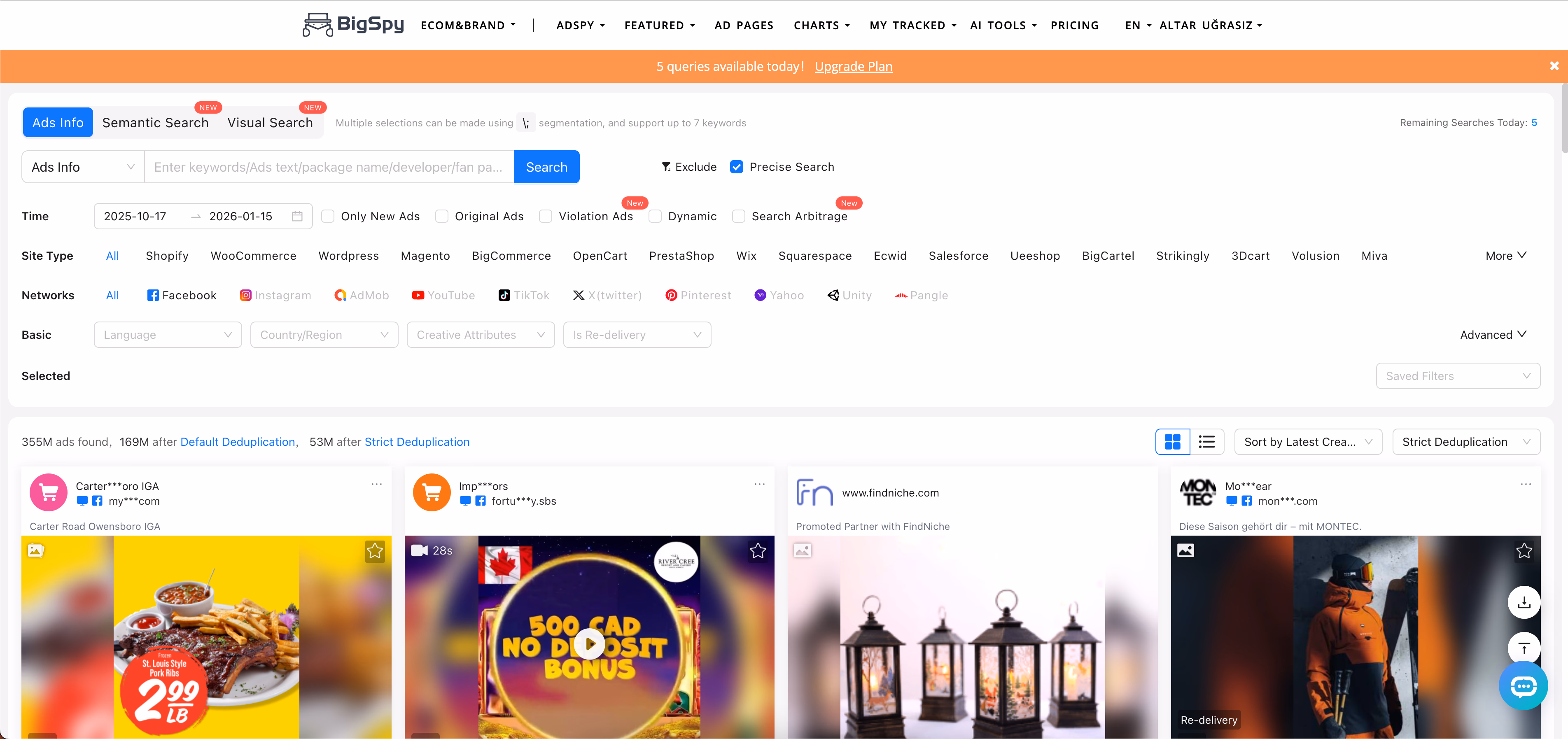 bigspy dashboard overview ads info
