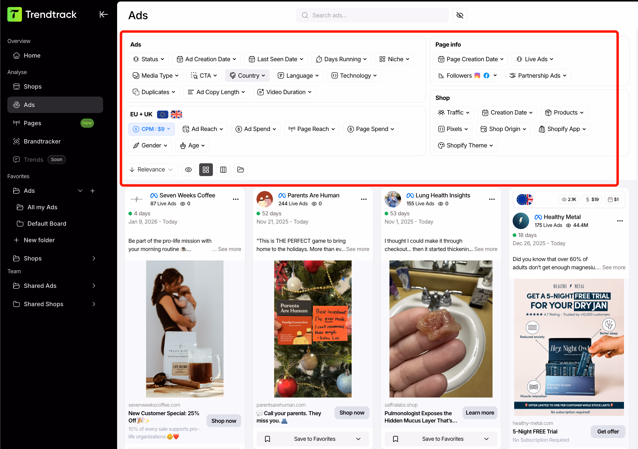 trendtrack ads overview dashboard