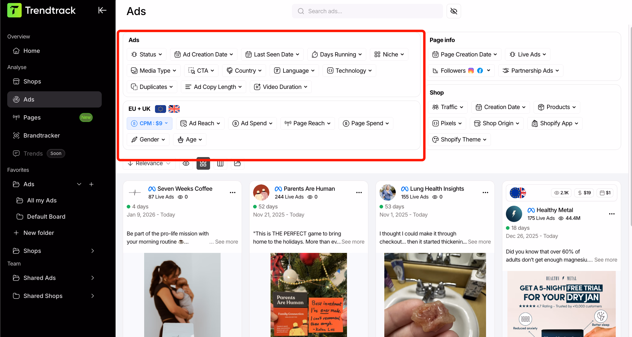 trendtrack ads dashboard filters
