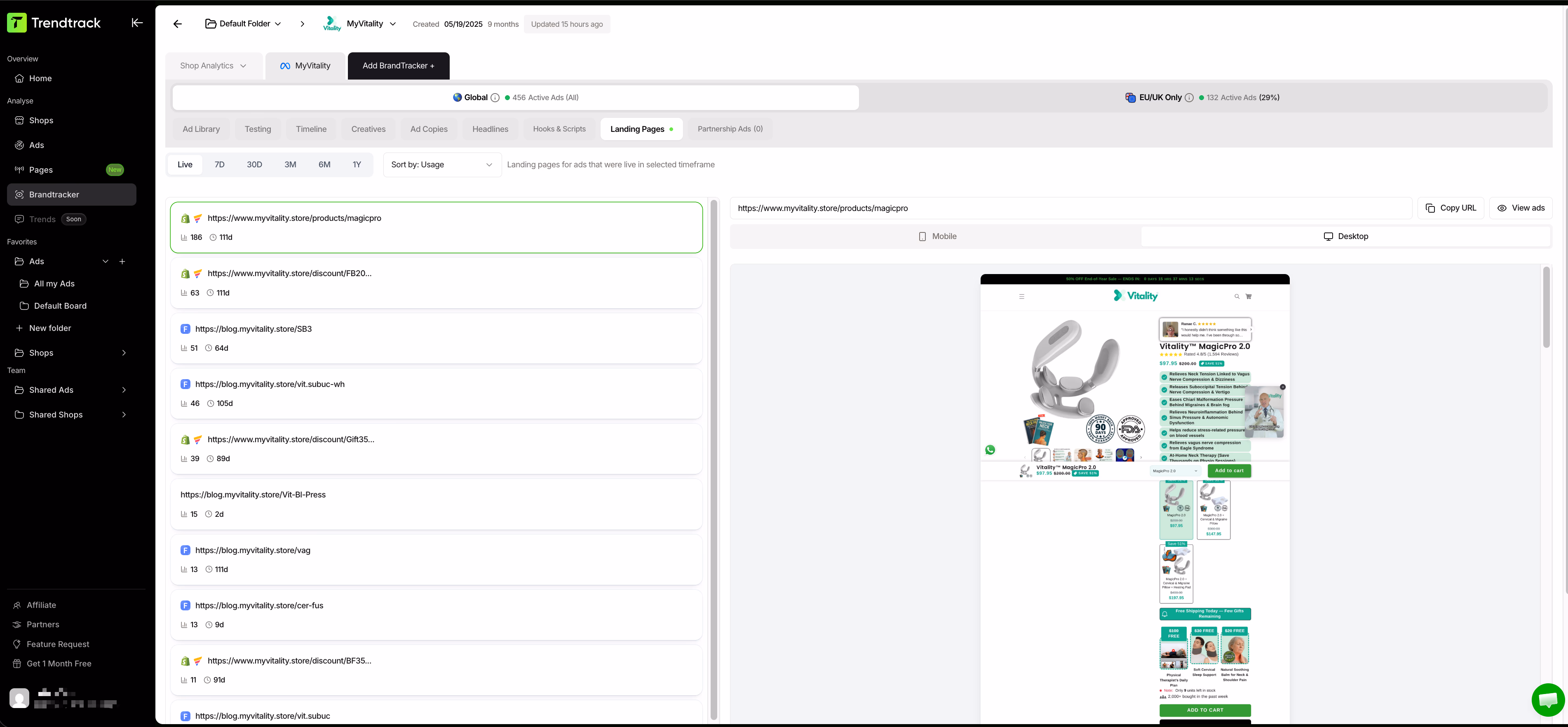 trendtrack landing pages feature