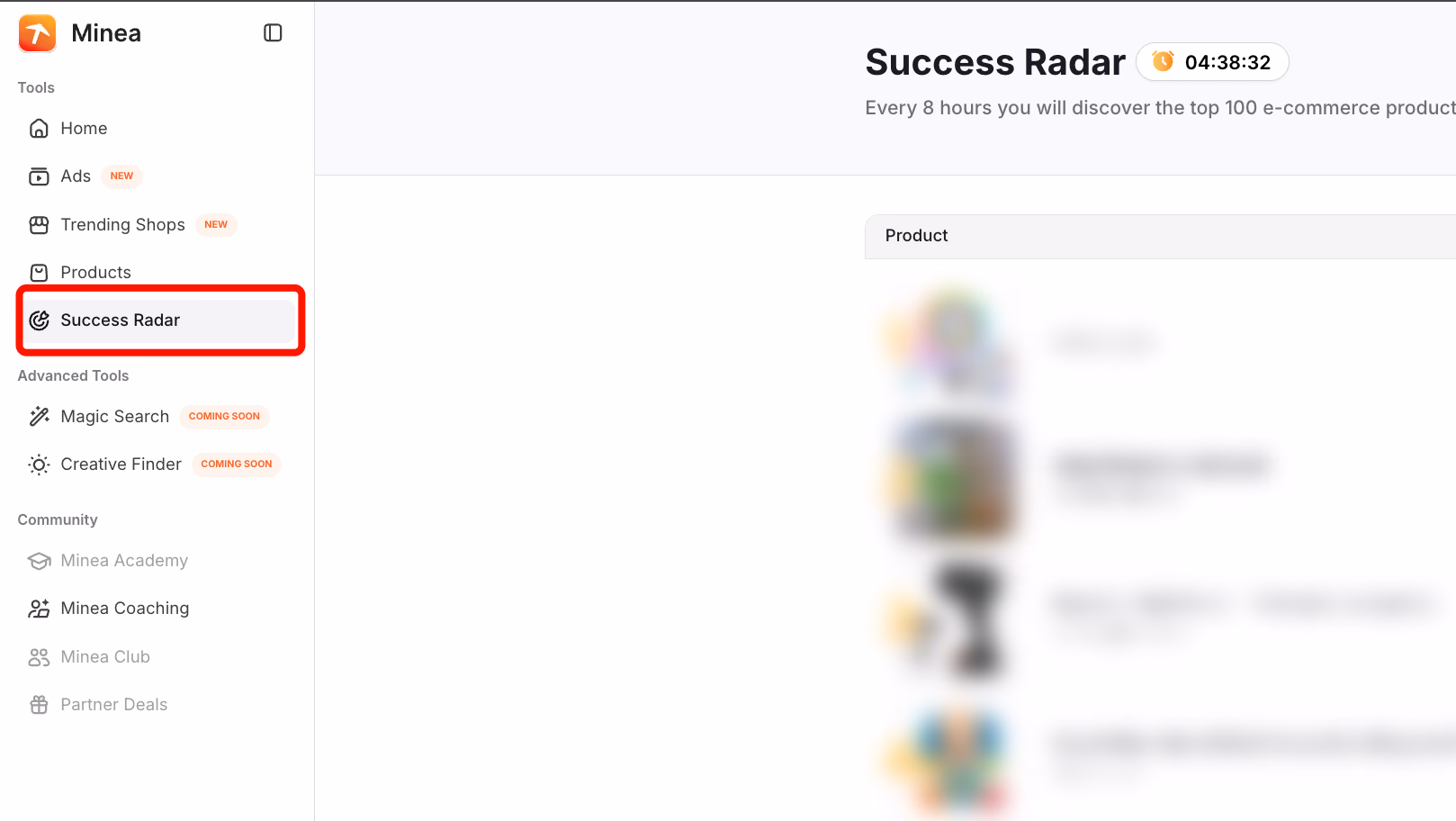 minea success radar interface