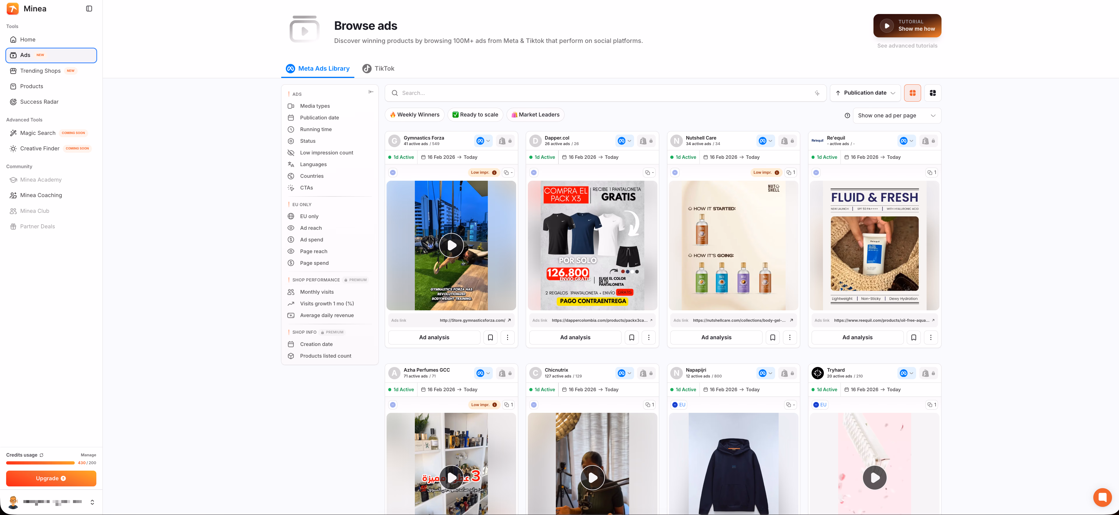 minea ads library dashboard