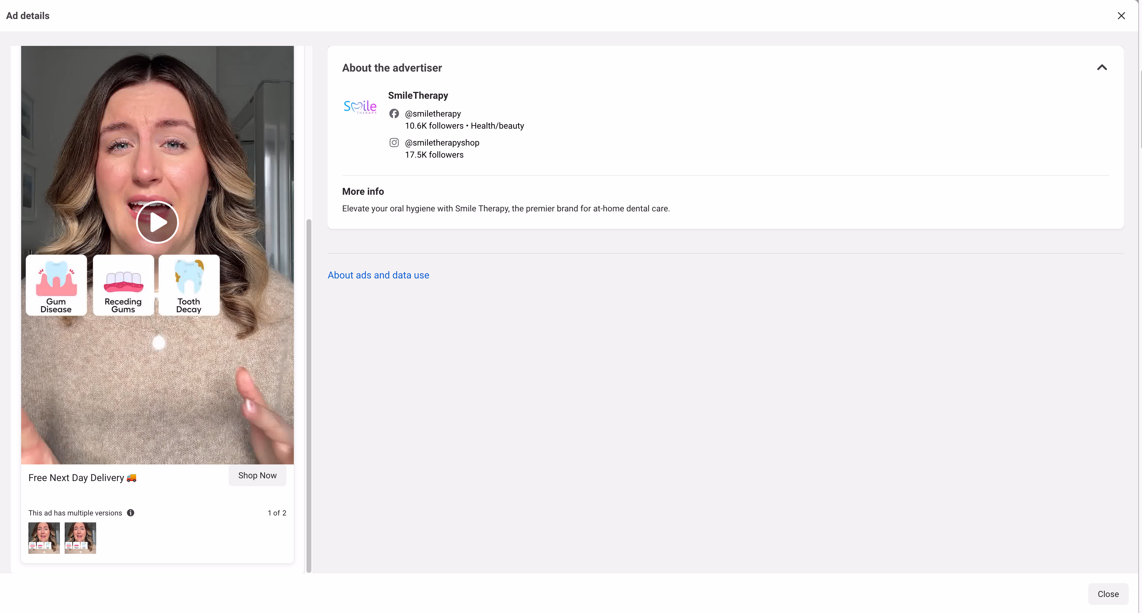 facebook ad details smiletherapy