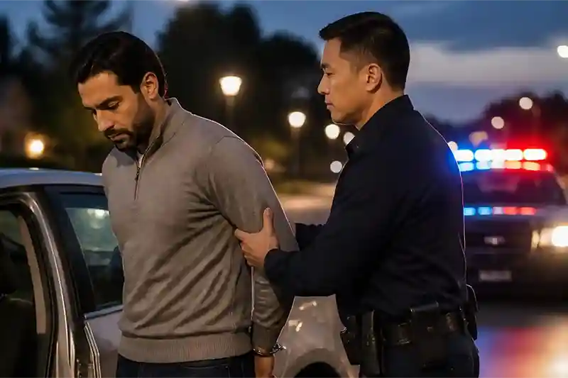 Police officer escorting a handcuffed driver away from his car at night in Fresno after a warrant check