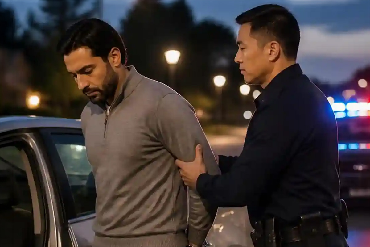 Man in handcuffs arrested on an active warrant during a Fresno traffic stop