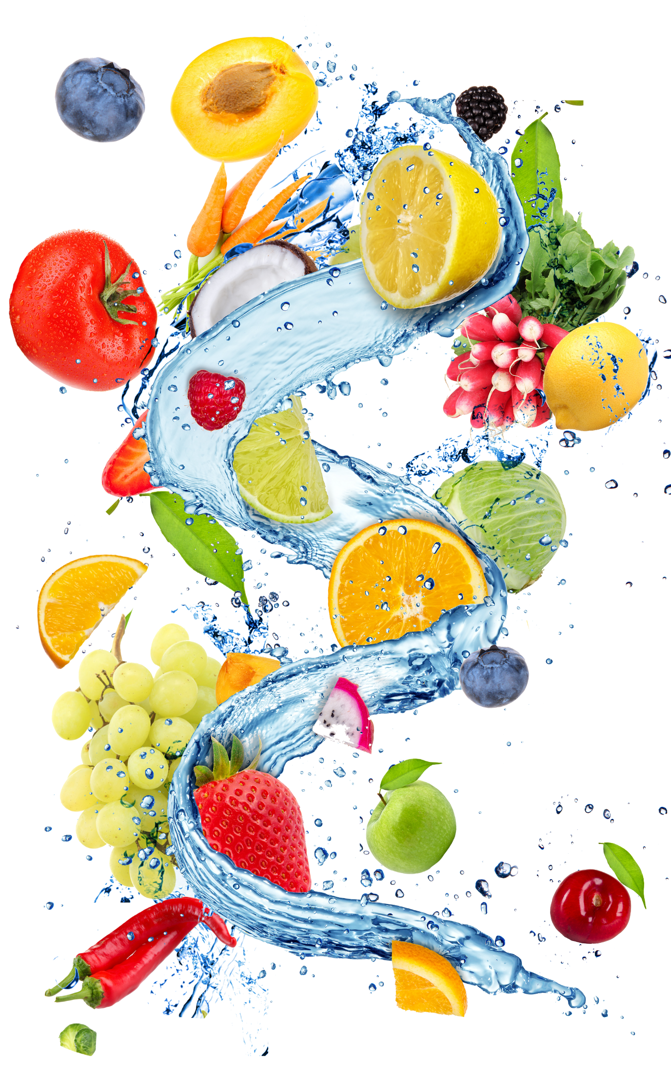 Frisches Obst und Gemüse umgeben von spritzendem Wasser