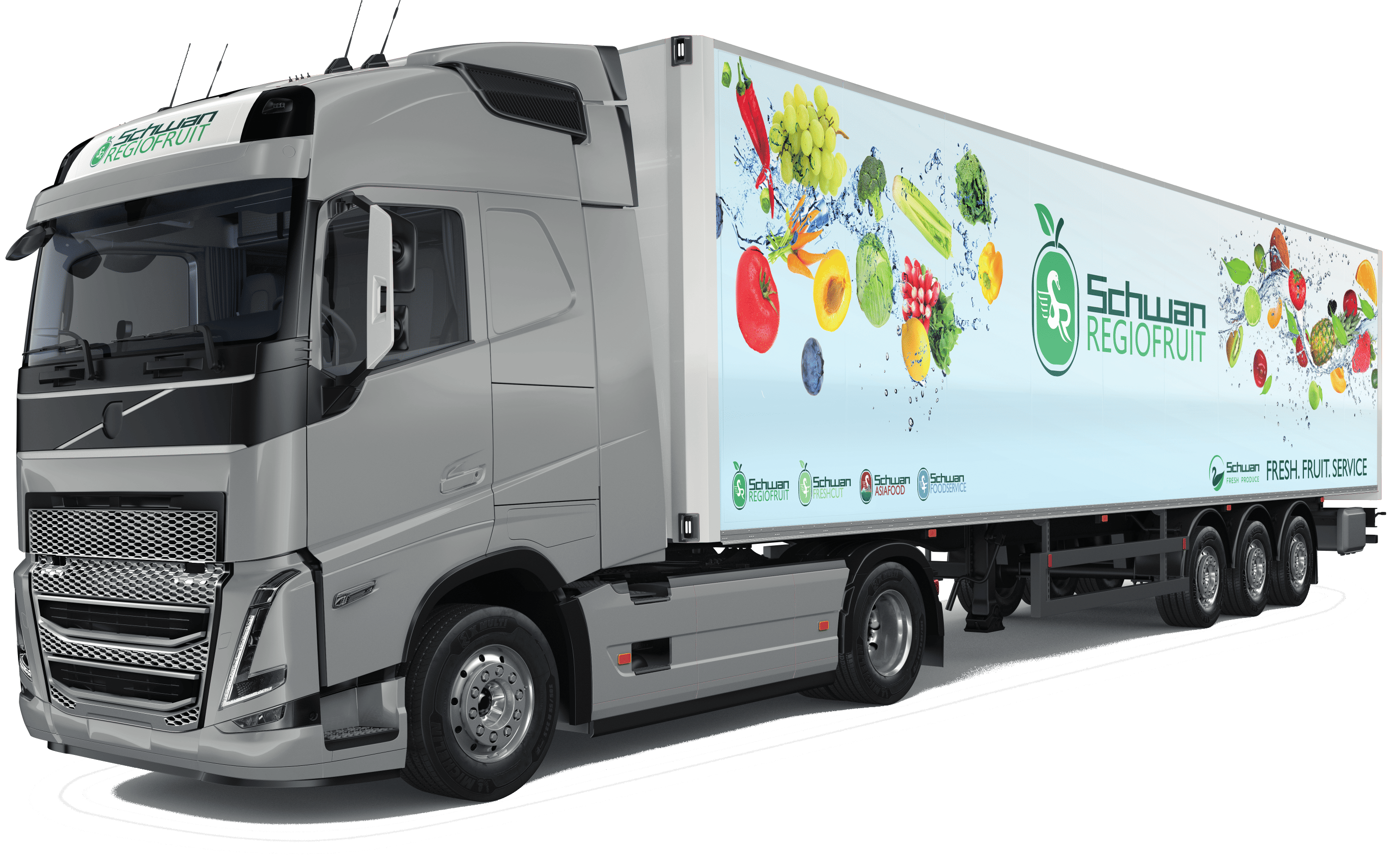 Schwan Regiofruit LKW fährt von rechts nach links über eine Straße
