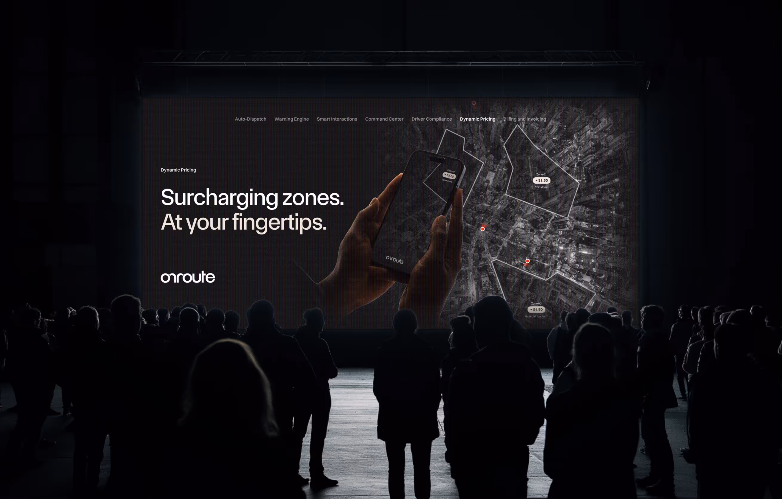 Surcharge zones video screen design for Onroute tradeshow launch