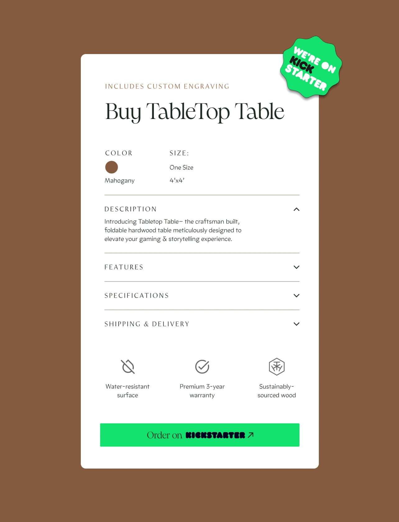 Tabletop Table Kickstarter product checkout UI card for web design