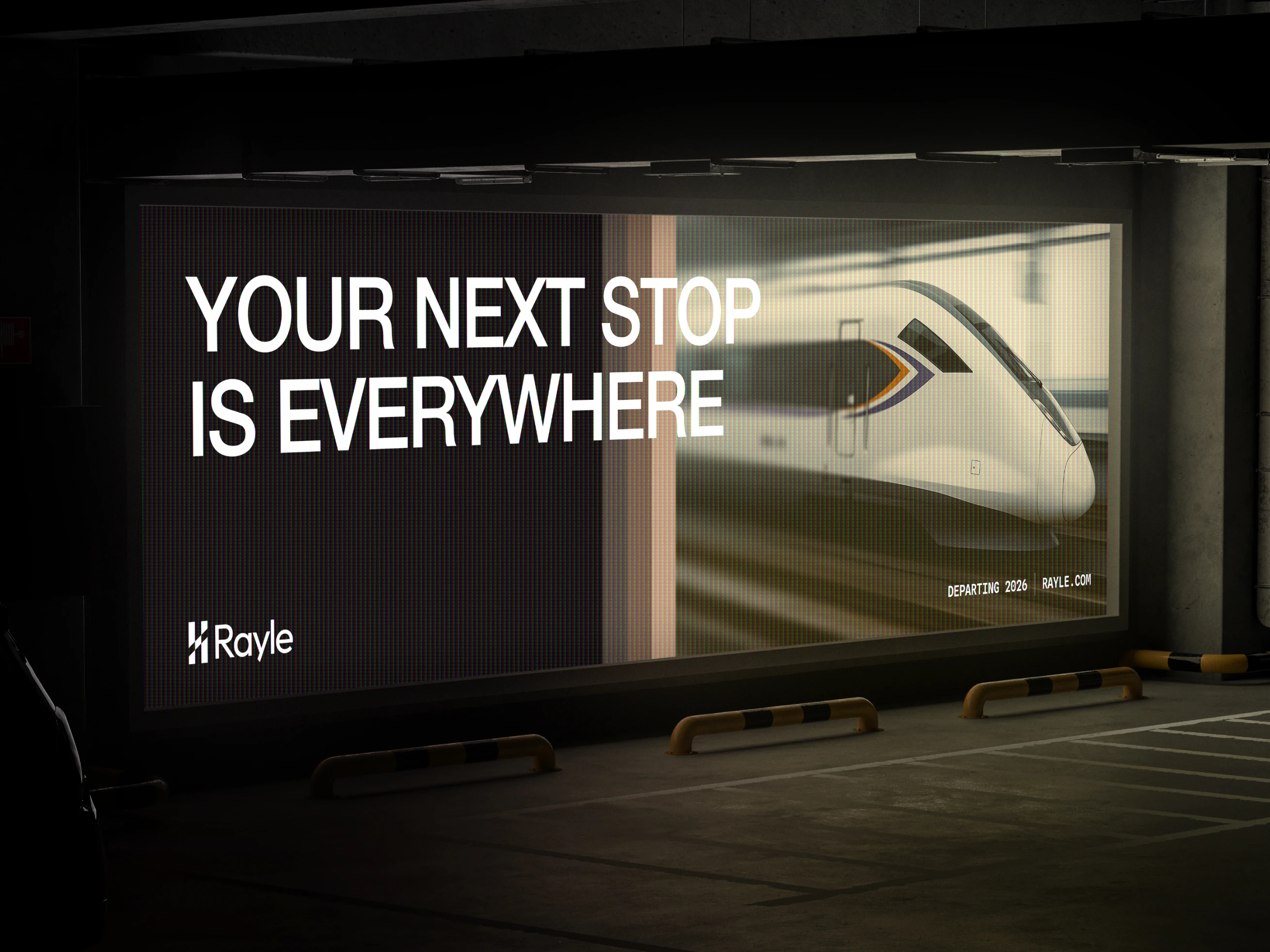 Neon glowing screen ad design for Rayle train brand identity