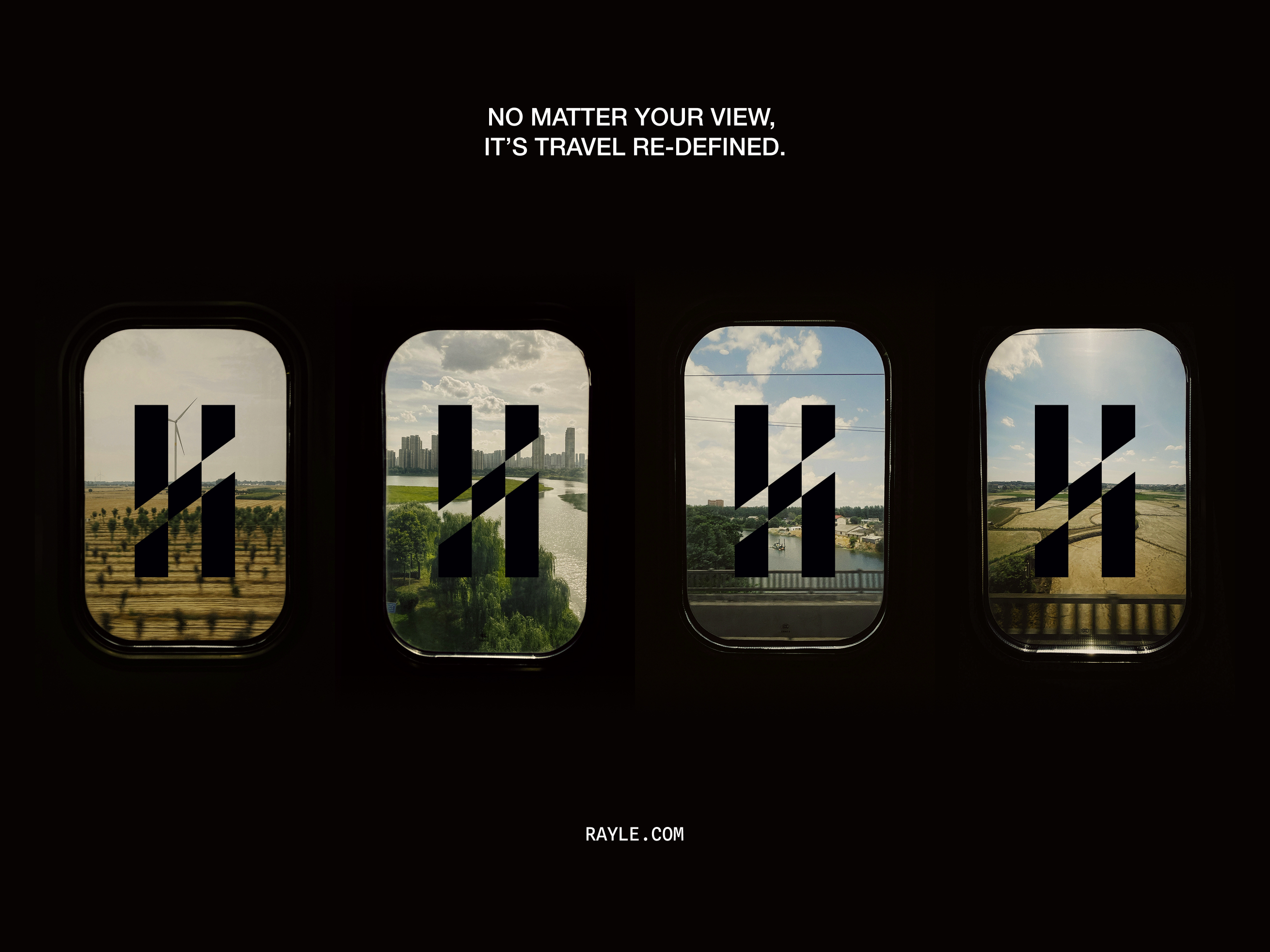 High speed train window poster with geometric logo mark