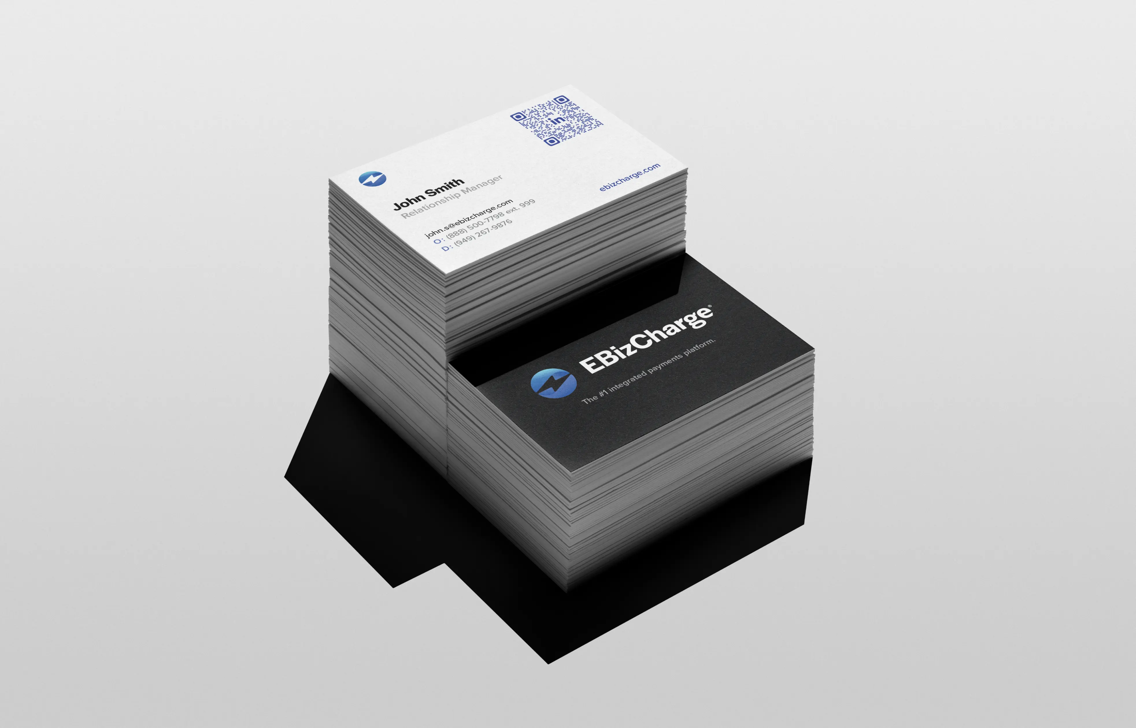 Minimal business card design with QR code for EBizCharge brand