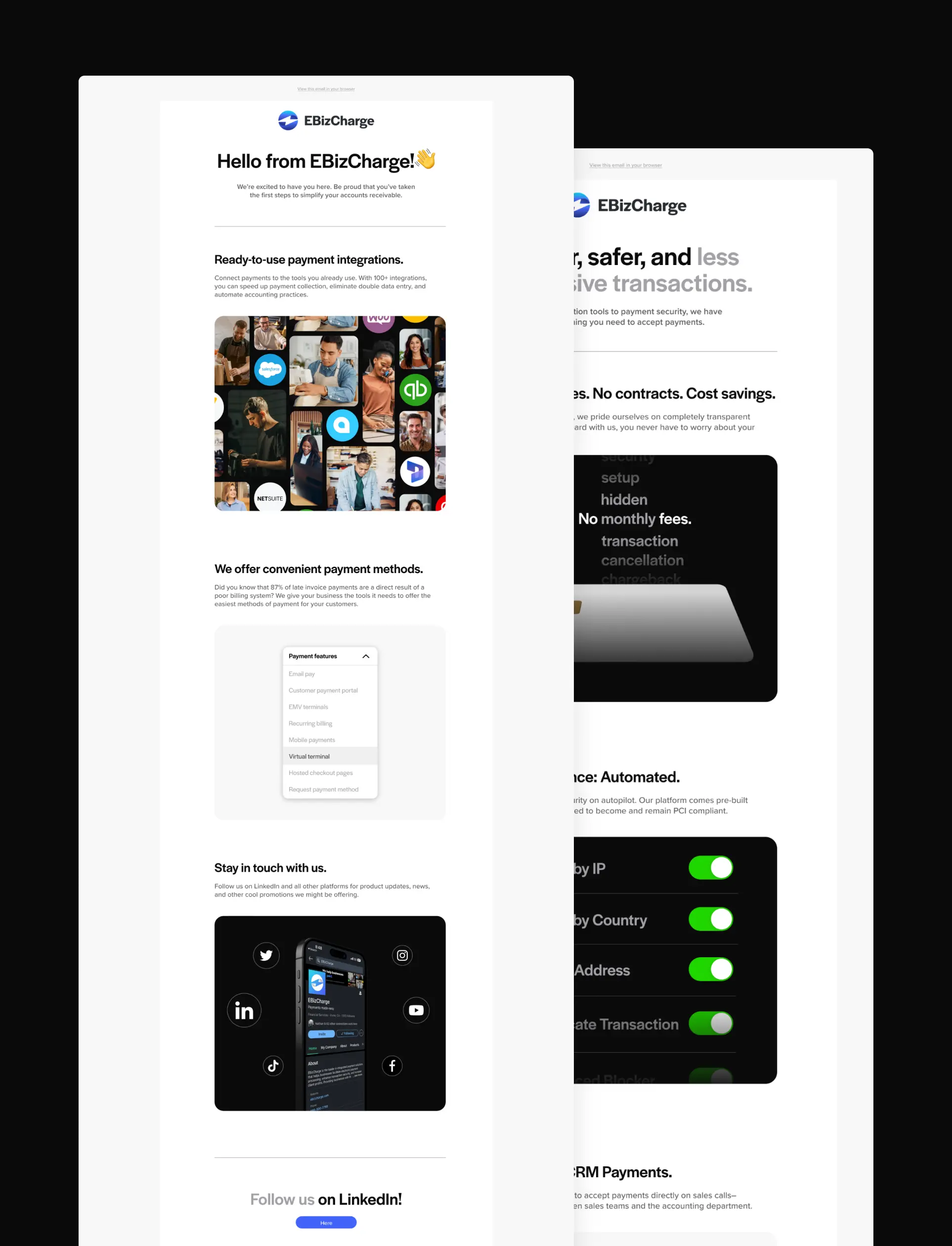 Email campaign design for fintech company called EBizCharge